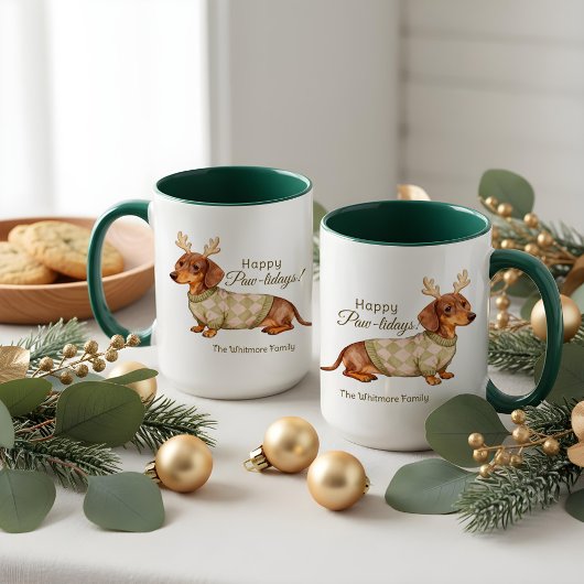 Dachshund Dog Antlers Christmas Checkered Sweater  マグカップ