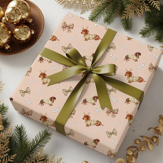 Dachshund Dog Christmas Checkerboard Sweater Bow ラッピングペーパー