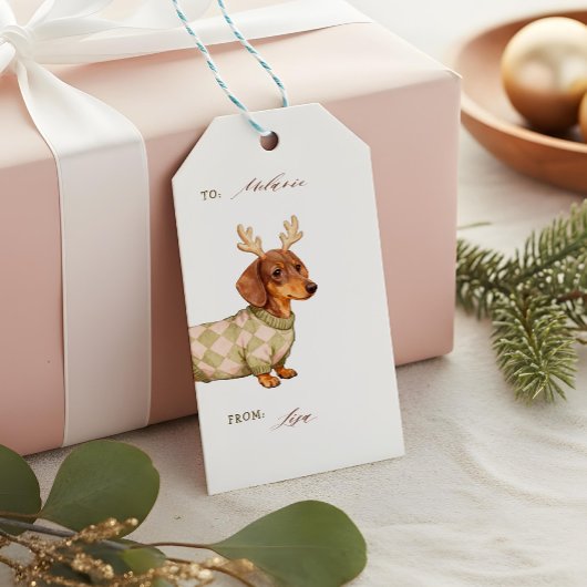 Dachshund Dog Christmas Checkered Sweater Photo ギフトタグ