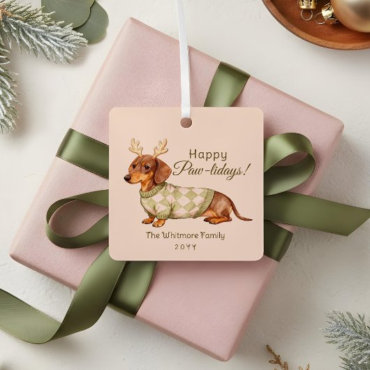 Dachshund Dog Christmas Checkered Sweater Photo メタルオーナメント