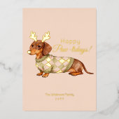 Dachshund Dog Christmas Checkered Sweater Photo 箔シーズンカード (正面)