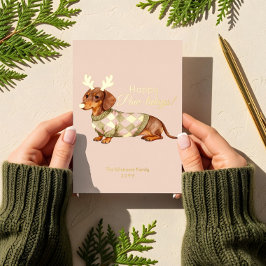 Dachshund Dog Christmas Checkered Sweater Photo 箔シーズンカード