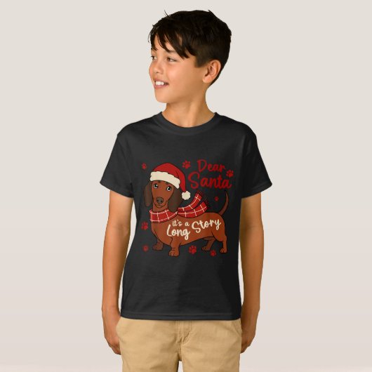 Dachshund Dog Dear Santa It's A Long Story Funny C Tシャツ (正面フル)