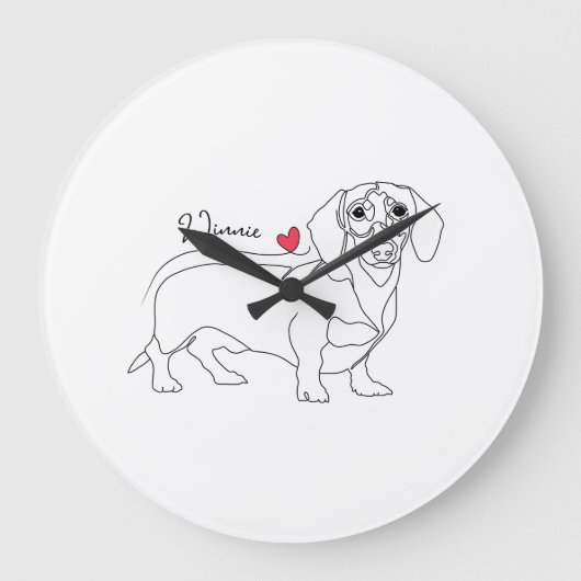 Dachshund Dog Line Art and Heart with Name ラージ壁時計 (正面)