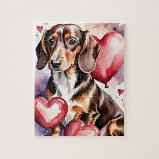 Dachshund Dog Pet Portrait Watercolor Valentine ジグソーパズル