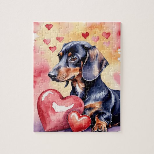 Dachshund Dog Pet Portrait Watercolor Valentine ジグソーパズル (縦)