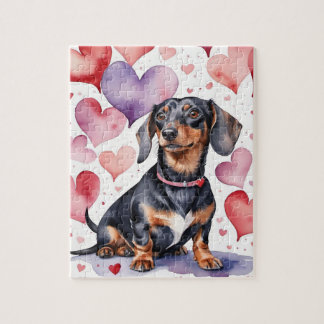 Dachshund Dog Pet Portrait Watercolor Valentine ジグソーパズル