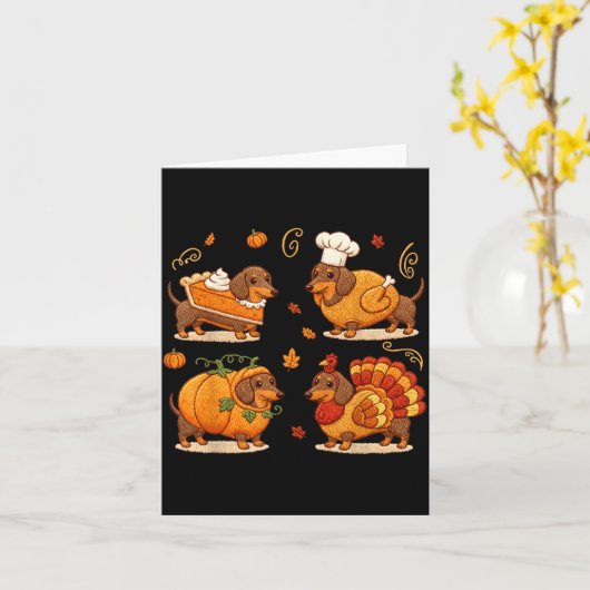 Dachshund Dog Pumpkin E Turkey Thanksgiving Men Wo カード (黄色い花)