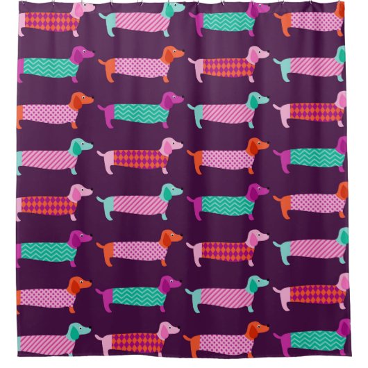 Dachshund Dogs：シームレスかわいいパターン。 シャワーカーテン (正面)