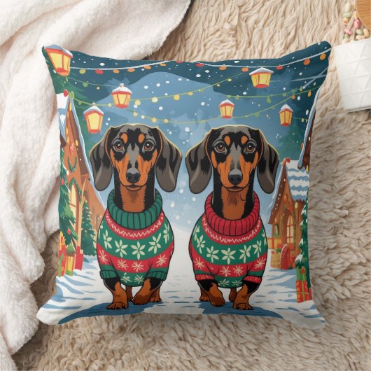 Dachshund Dogs Christmas Snow Holiday クッション (ブランケット)