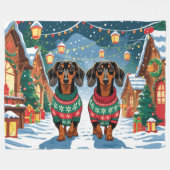 Dachshund Dogs Christmas Snow Holiday フリースブランケット (正面(横))