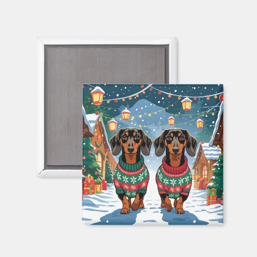 Dachshund Dogs Christmas Snow Holiday マグネット (正面/裏面)