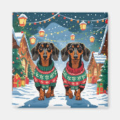 Dachshund Dogs Christmas Snow Holiday マグネット (正面)