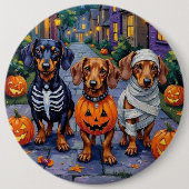 Dachshund Dogs Trick-or-Treating in Halloween 缶バッジ (正面)