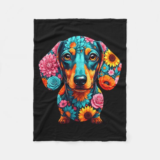 Dachshund Flower Funny Dog フリースブランケット (正面)
