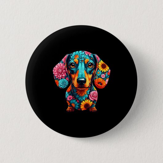 Dachshund Flower Funny Dog  缶バッジ (正面)