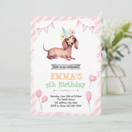 Dachshund girl party invitation 招待状 (スタンド正面)