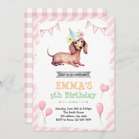 Dachshund girl party invitation 招待状 (正面/裏面)