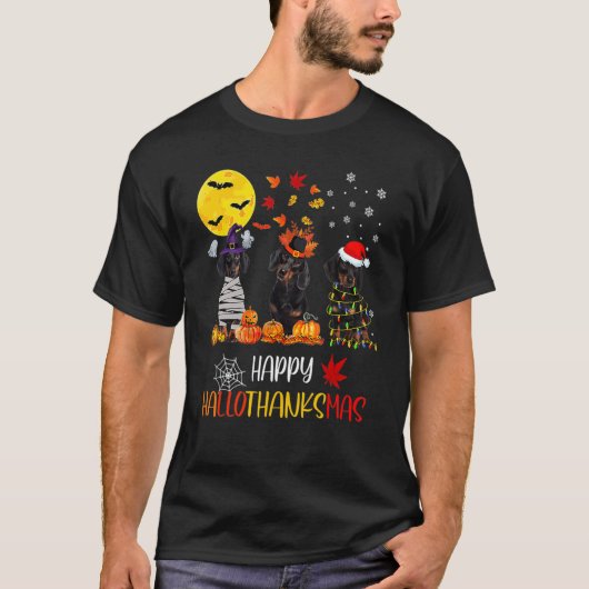 Dachshund Halloween Happy HalloThanksMas Autumn Th Tシャツ (正面)