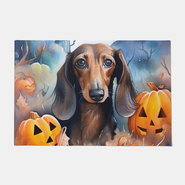 Dachshund Halloween With Pumpkins Scary ドアマット (正面)