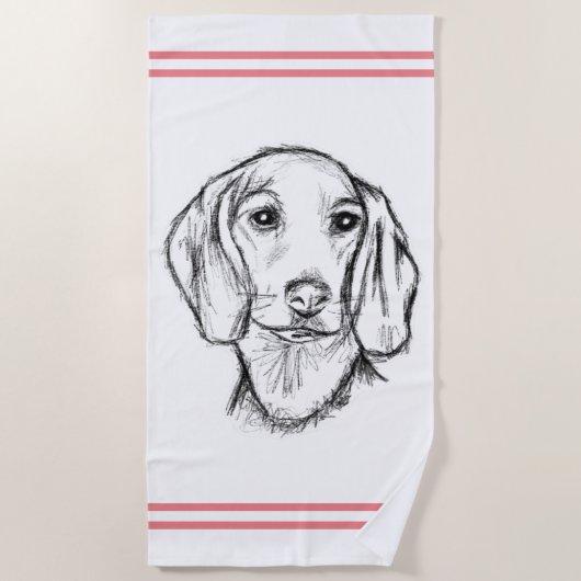 dachshund hand drawn sketch black white puppy dog  ビーチタオル (正面)