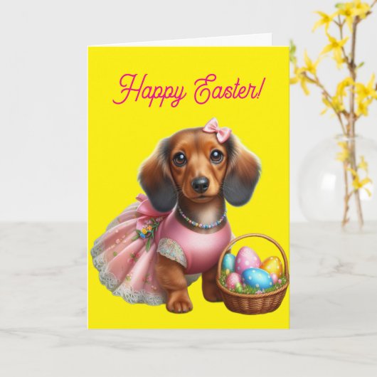 Dachshund Happy Easter  カード (黄色い花)
