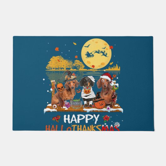Dachshund Happy Hallothanksmas Halloween Thanksgiv ドアマット (正面)
