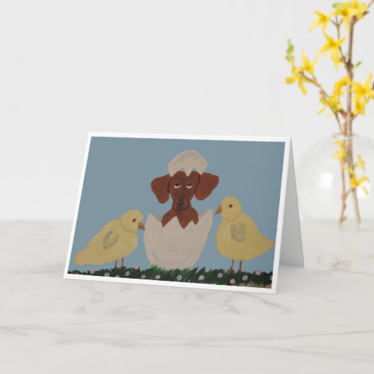 Dachshund hatching out of egg with chicks カード (黄色い花)