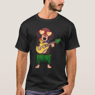 Dachshund Hawaiian Costume Playing Ukulele Summer  Tシャツ