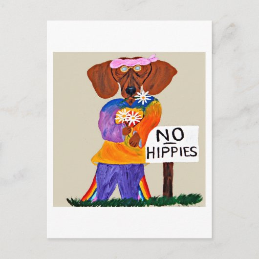 Dachshund Hippie at No Hippies Sign ポストカード (正面)