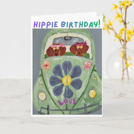 Dachshund Hippie Birthday  カード (黄色い花)