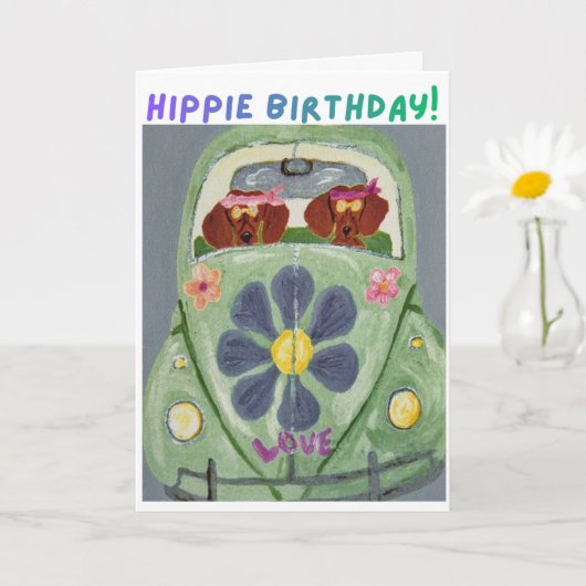 Dachshund Hippie Birthday  カード (小さな植物)