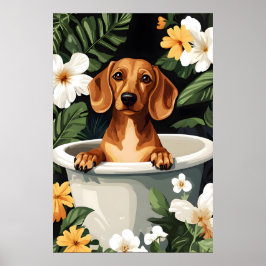 Dachshund In Bathtub Poster, Funny Dog Poster ポスター