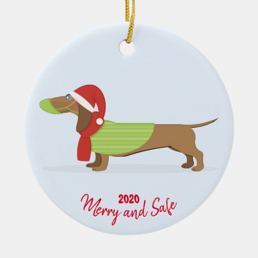 Dachshund in Face Mask Christmas 2020 セラミックオーナメント (正面)