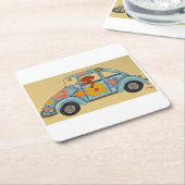 Dachshund in Hippie car  スクエアペーパーコースター (アングル)