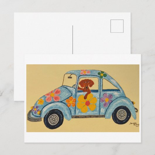 Dachshund in Hippie car ポストカード (正面/裏面)