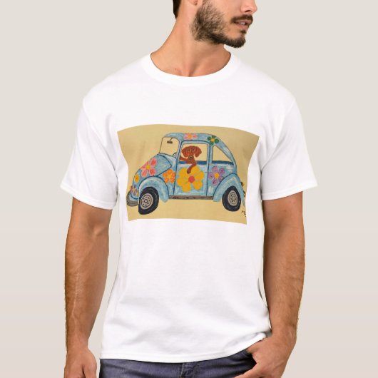 Dachshund in Hippie car T-Shirt Tシャツ (正面)