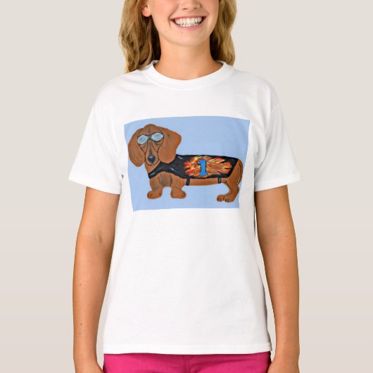 Dachshund in Racing Jacket T-Shirt Tシャツ (正面)
