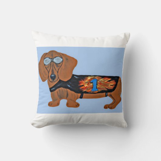 Dachshund in Racing Jacket Throw Pillow クッション (正面)