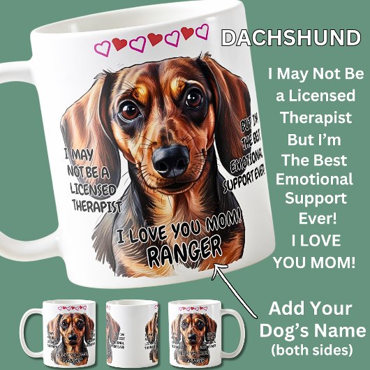 Dachshund Mug、犬の名前を追加、文字を変更できる コーヒーマグカップ