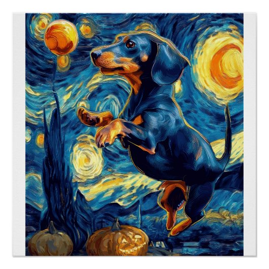 Dachshund of van gogh starry night halloween Funny ポスター (正面)