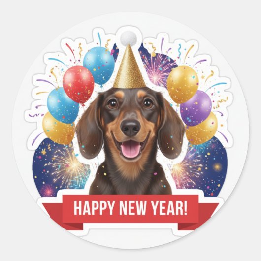 Dachshund Party Hat New Year Sticker ラウンドシール (正面)