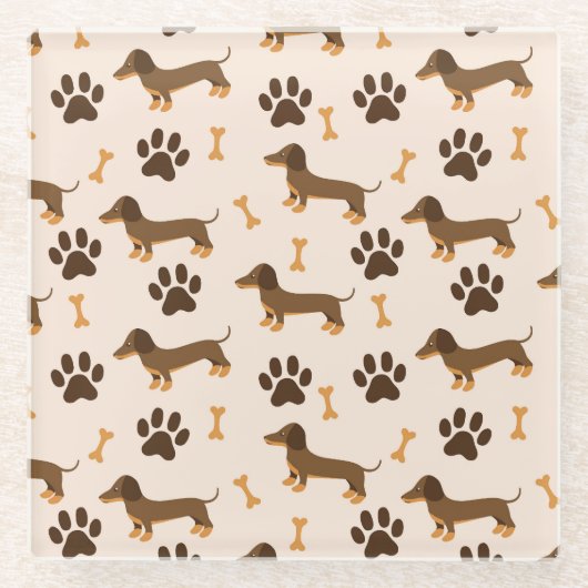 Dachshund Pattern:ヴィンテージプリントデザイン ガラスコースター (正面)