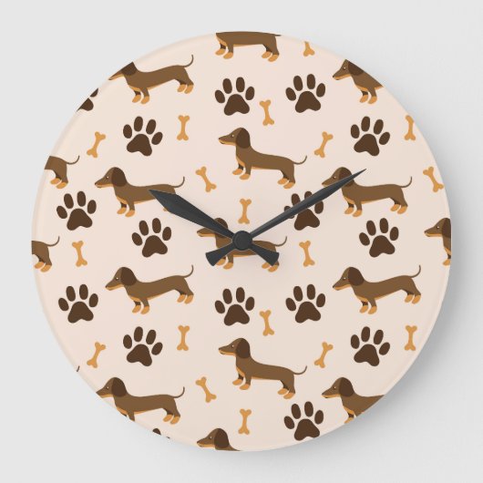 Dachshund Pattern:ヴィンテージプリントデザイン ラージ壁時計 (正面)