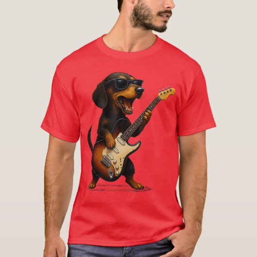 Dachshund Playing Guitar Rock Music Dog Lover Pet  Tシャツ (正面)