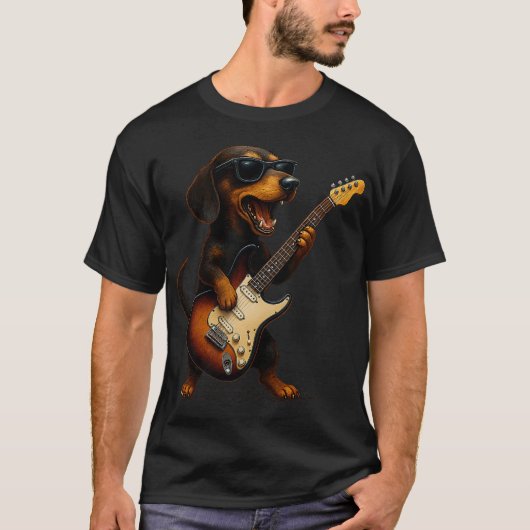 Dachshund Playing Guitar Rock Music Dog Lover Pet Tシャツ (正面)