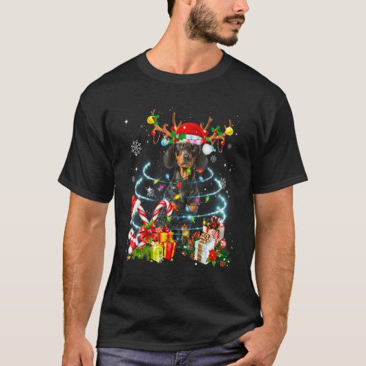 Dachshund Reindeer Christmas Tree Lights Pajama Do Tシャツ (正面)