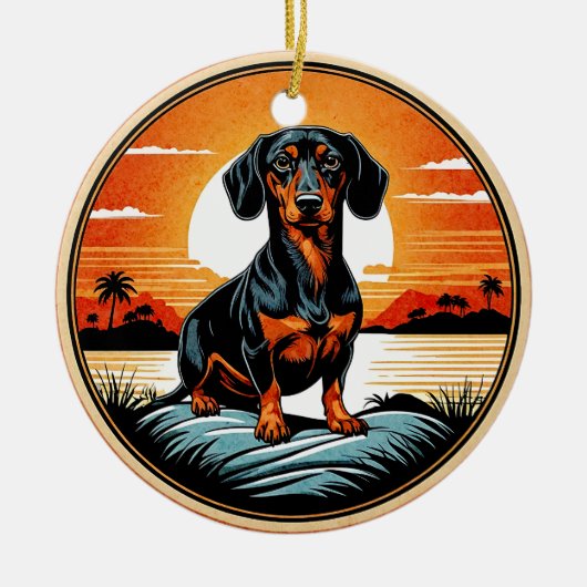 Dachshund Retro Sunset Dog Lover セラミックオーナメント (正面)