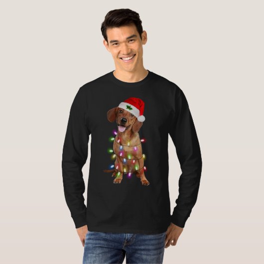Dachshund Santa Christmas Tree Lights Xmas Tシャツ (正面フル)
