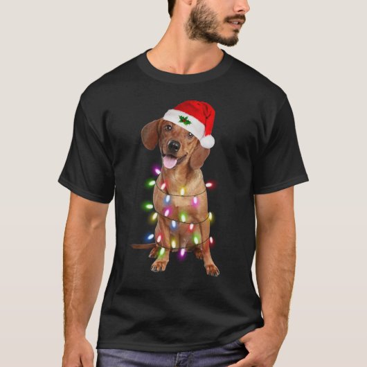 Dachshund Santa Christmas Tree Lights Xmas Tシャツ (正面)